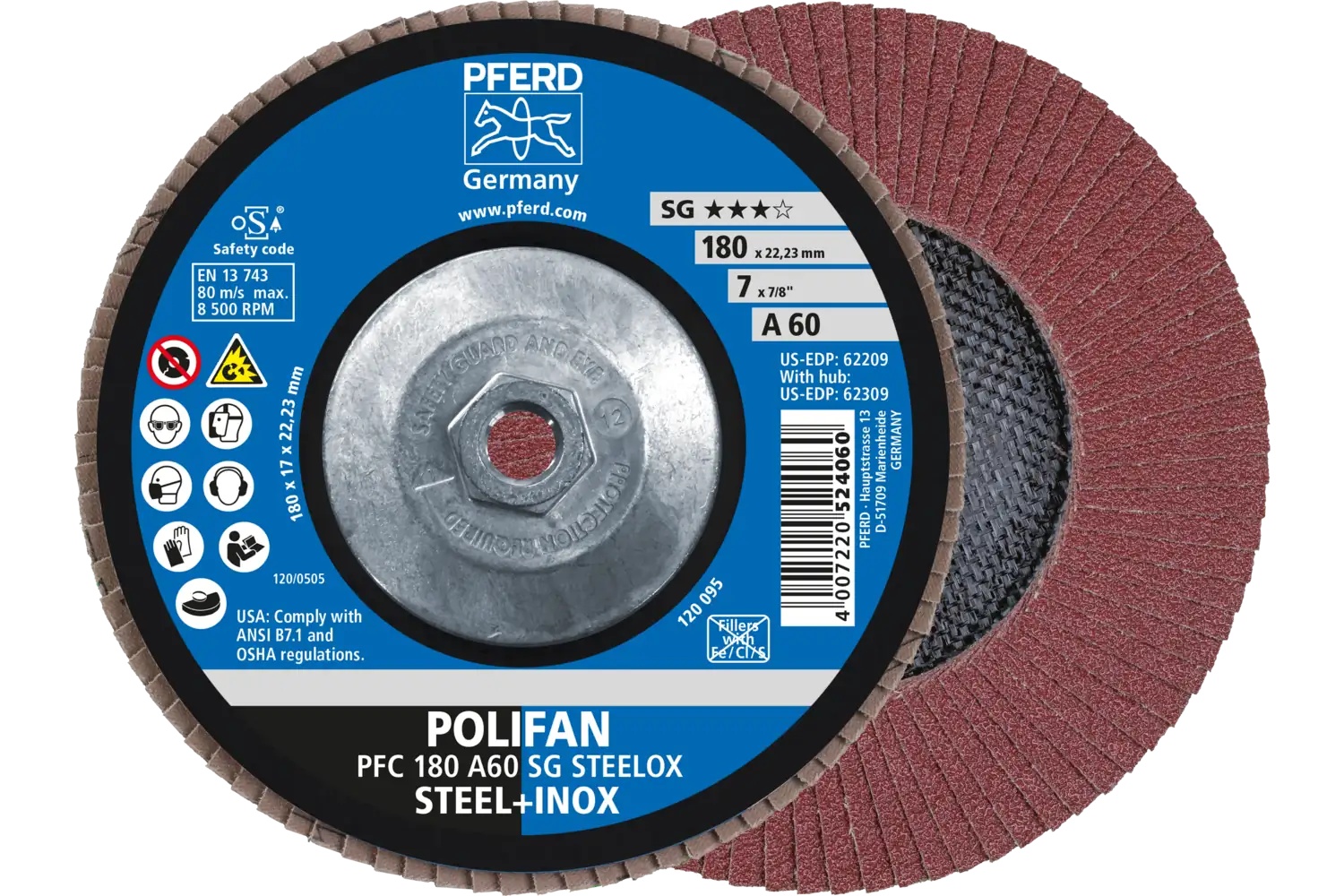 Picture of Pferd Flap Disc, 7" x 5/8-11, A SG Steelox, 60 Grit, T29, Conical, Aluminum oxide